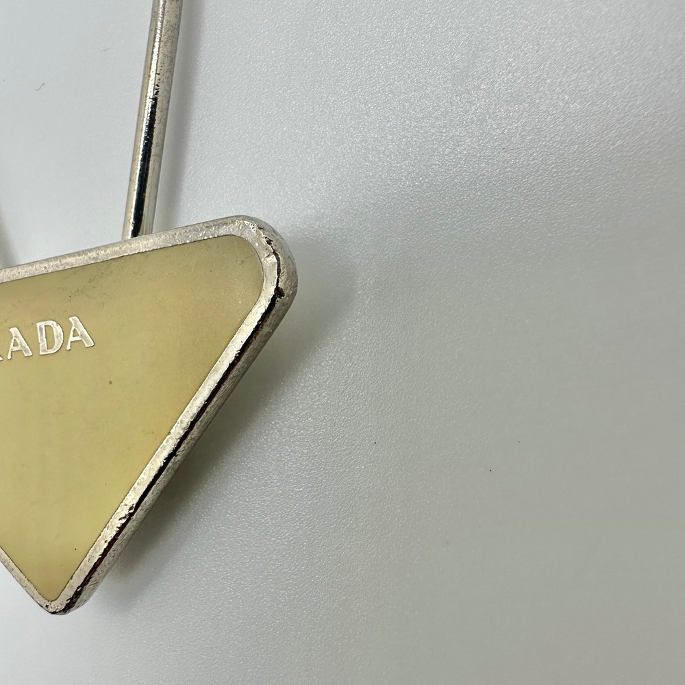 Authentic Prada Triangle Logo Key Ring Keychain Yellow Enamel Silver Tone - Picture 4 of 11